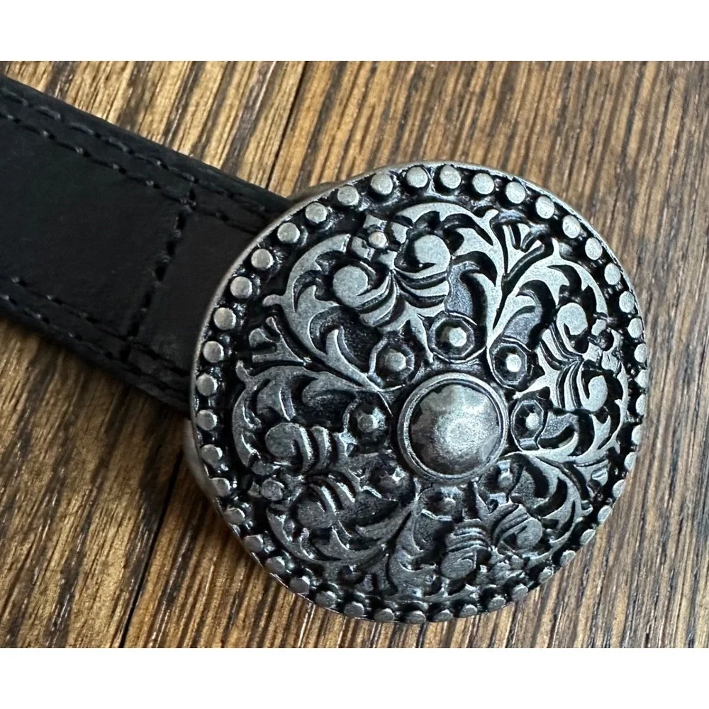 Eddie Bauer Vintage Black Italian Leather Belt Silver Filigree Buckle Boho M